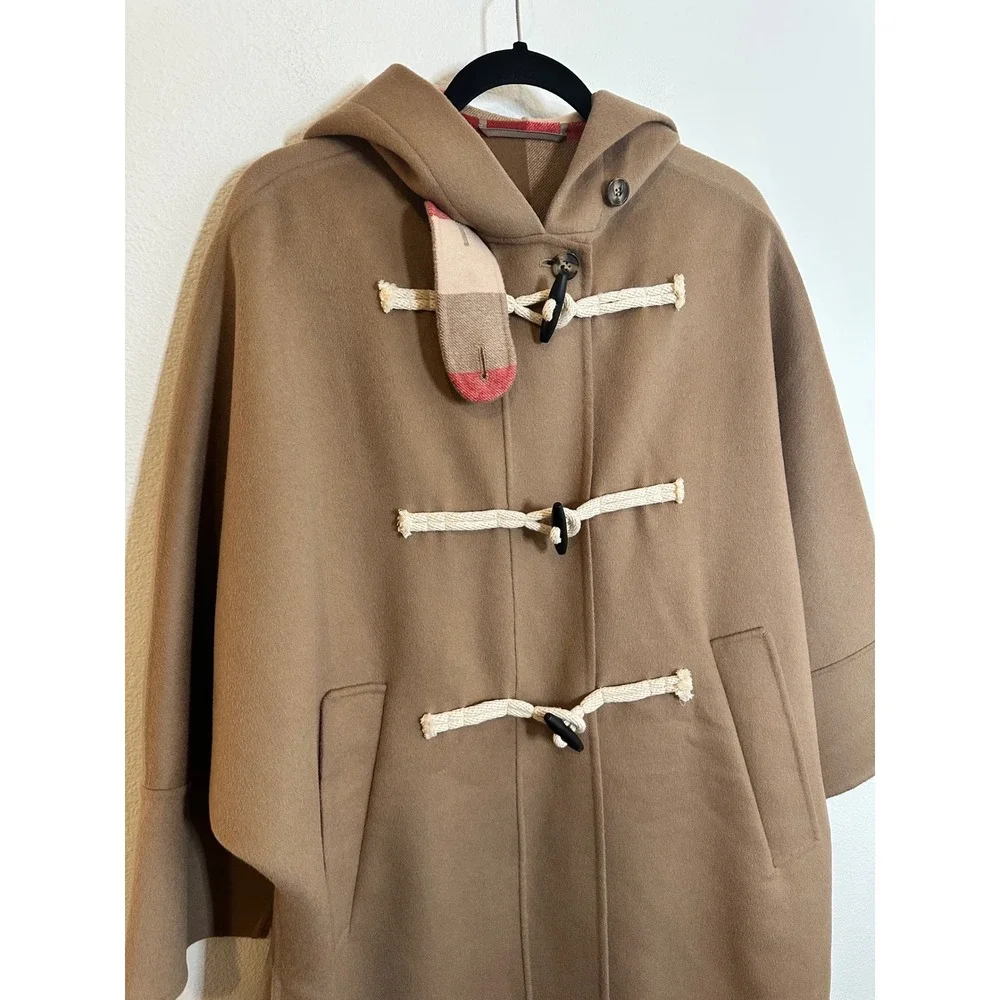 Weekend Max Mara Duffle Coat Size 4 Camel Brown Virgin Wool Hooded Plaid Toggle‎